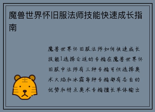 魔兽世界怀旧服法师技能快速成长指南