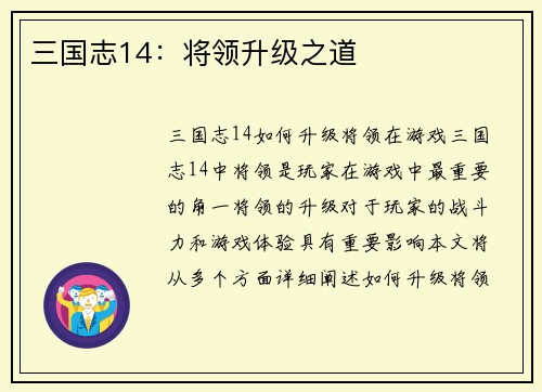 三国志14：将领升级之道