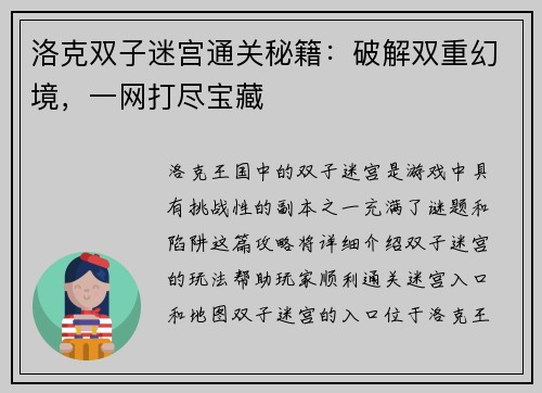 洛克双子迷宫通关秘籍：破解双重幻境，一网打尽宝藏